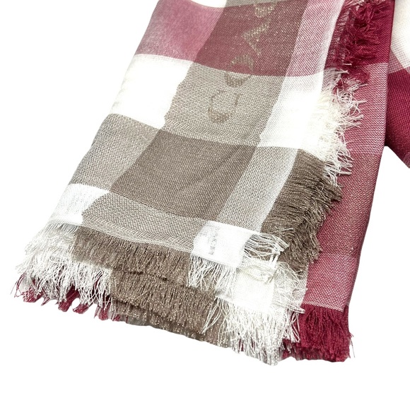 COACH Soft Cashmere Blend Plaid Red White Tan Shimmer Fringe Oversized Scarf NEW - Picture 4 of 5